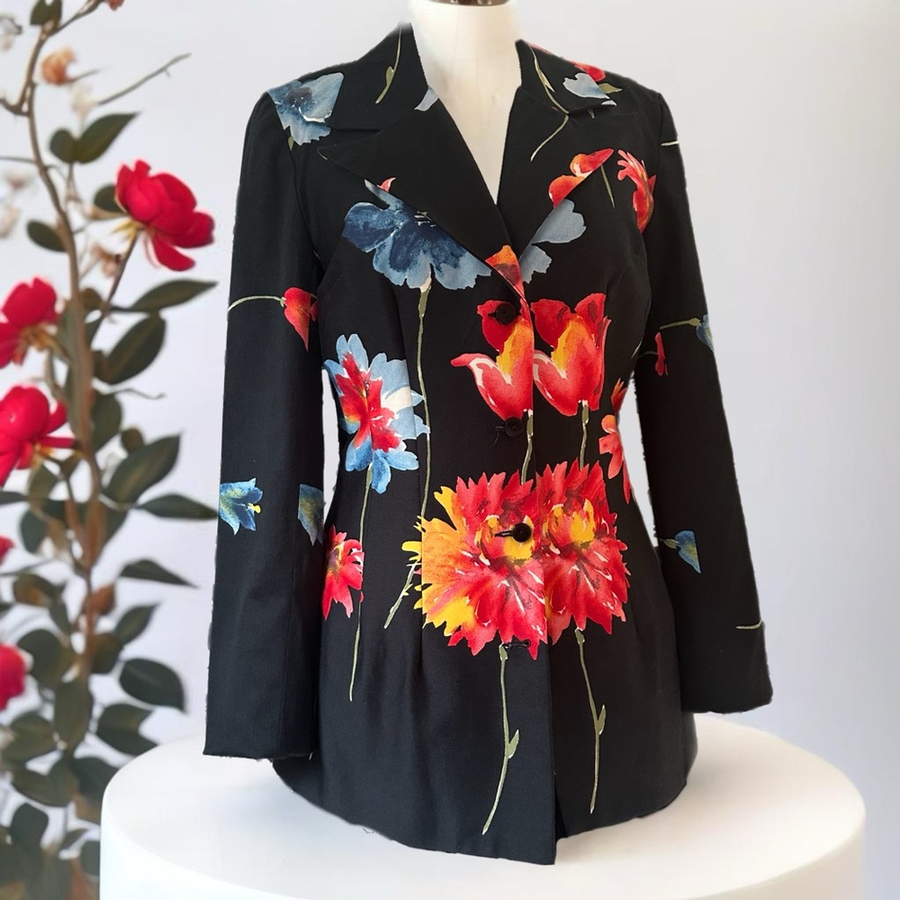 Cache Black and Floral Polished Cotton Jacket Size 4